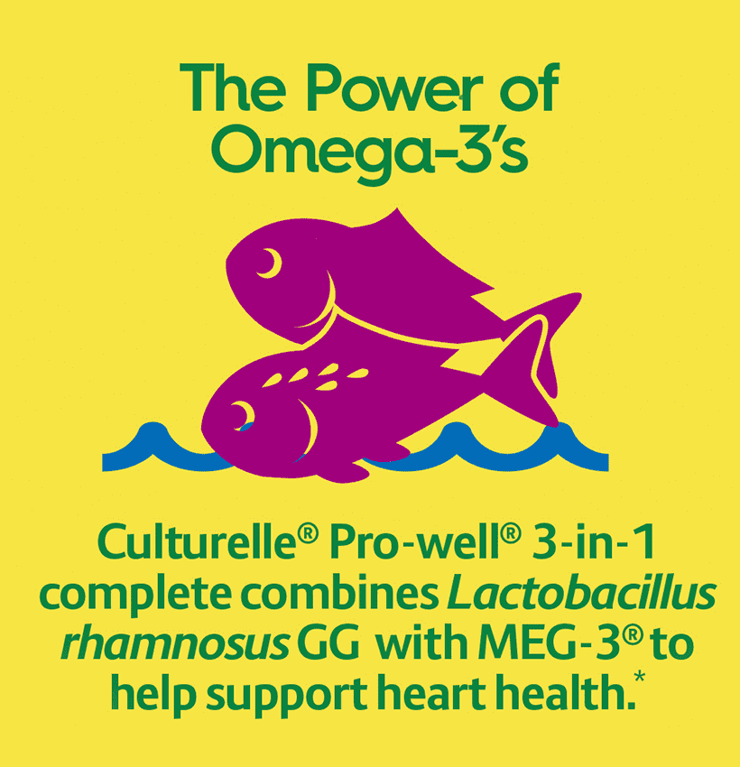 The ppower of Omega-3's. Culturelle Pro-well 3-in-1 complete combines Lactobacillus rhamnosus GG with MEG-3 to help support hear health.