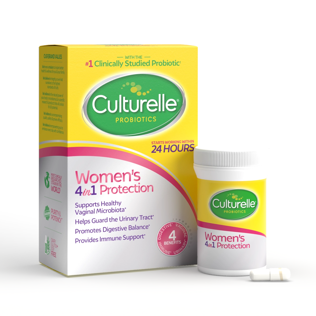 Women's 4-in-1 packaging front next to pill
