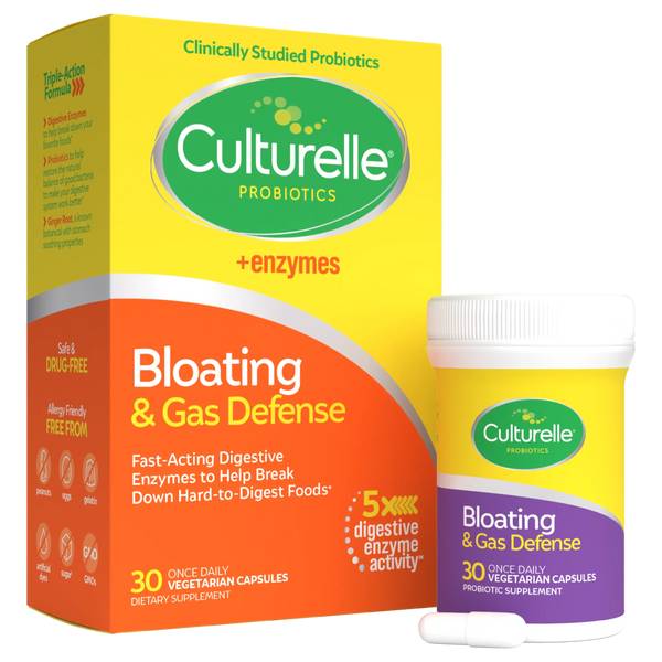 Culturelle Probiotics Bloating & Gas Defense packaging and bottle on a white background