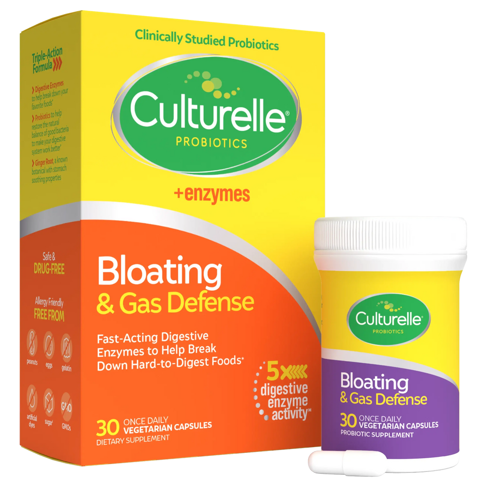 Culturelle Probiotics Bloating & Gas Defense packaging and bottle on a white background