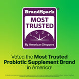 BrandSpark Most Trusted award for a probiotic supplement brand on a green background