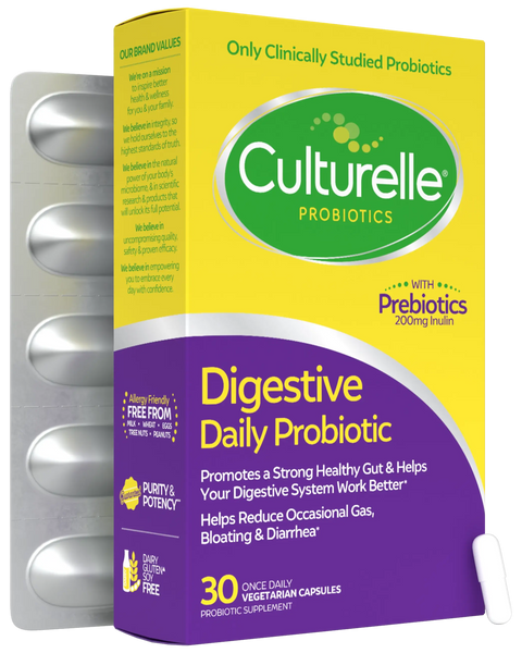 Culturelle Probiotics packaging with yellow and purple design on a white background