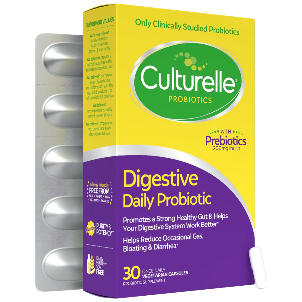 Culturelle Probiotics packaging with yellow and purple design on a white background