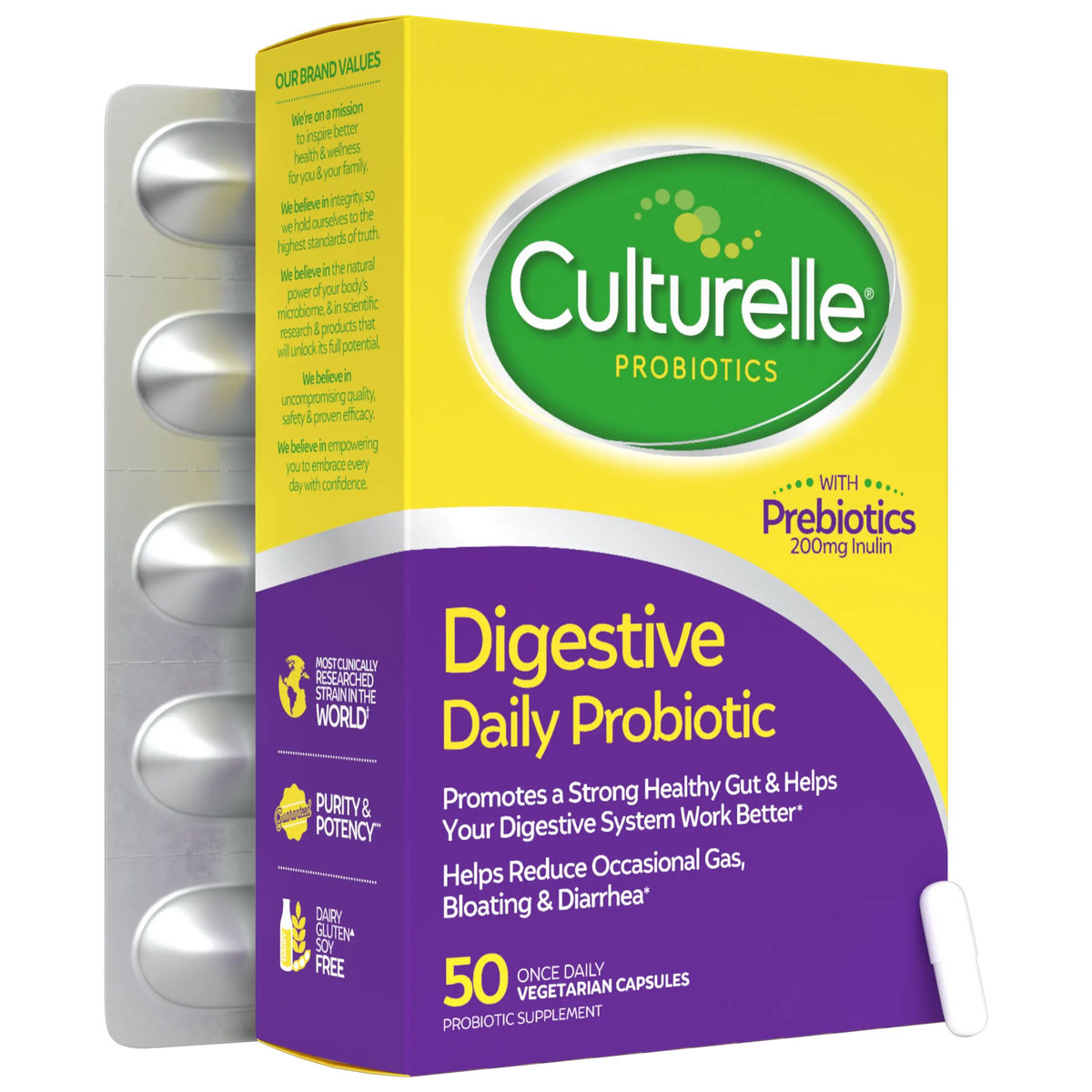Box of Culturelle Probiotics with digestive benefits on a white background