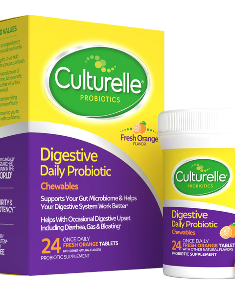 Culturelle Probiotics packaging with chewable tablets on a white background