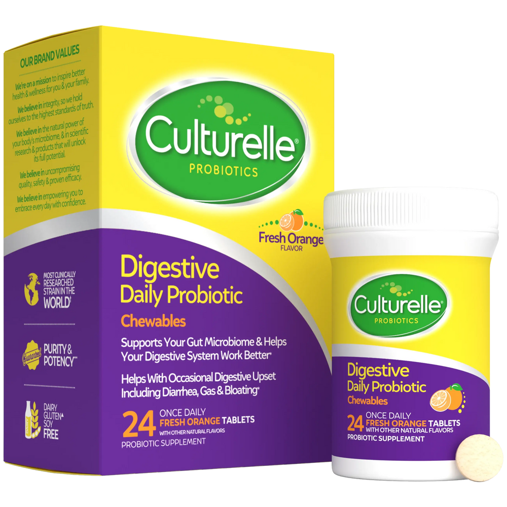Culturelle Probiotics packaging with chewable tablets on a white background