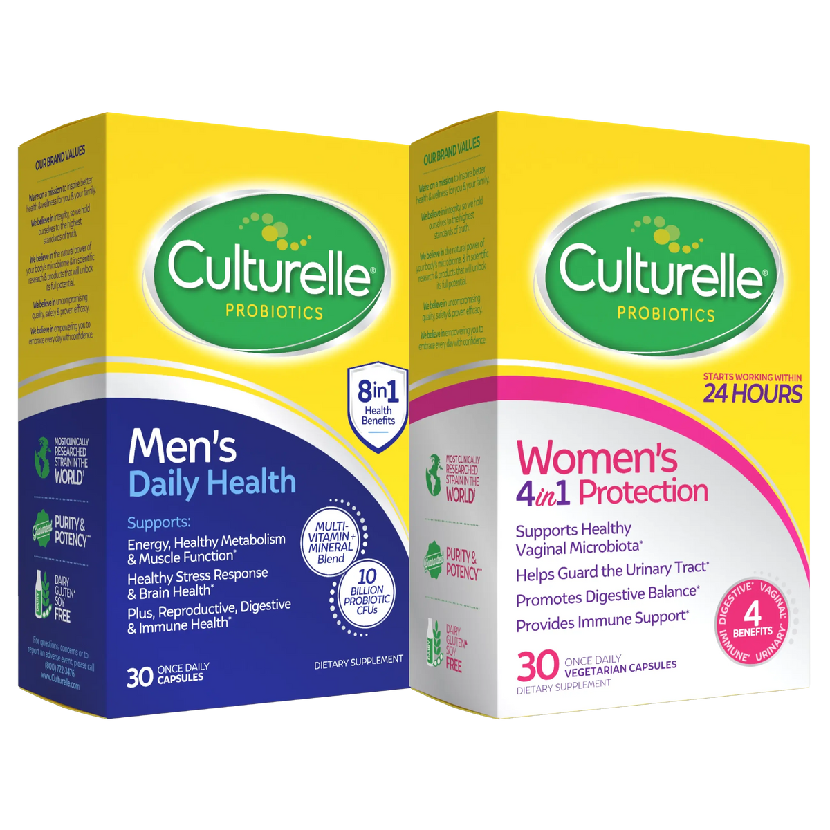 Two boxes of Culturelle Probiotics, one for Men's Daily Health and one for Women's 4-in-1 Protection, on a white background.