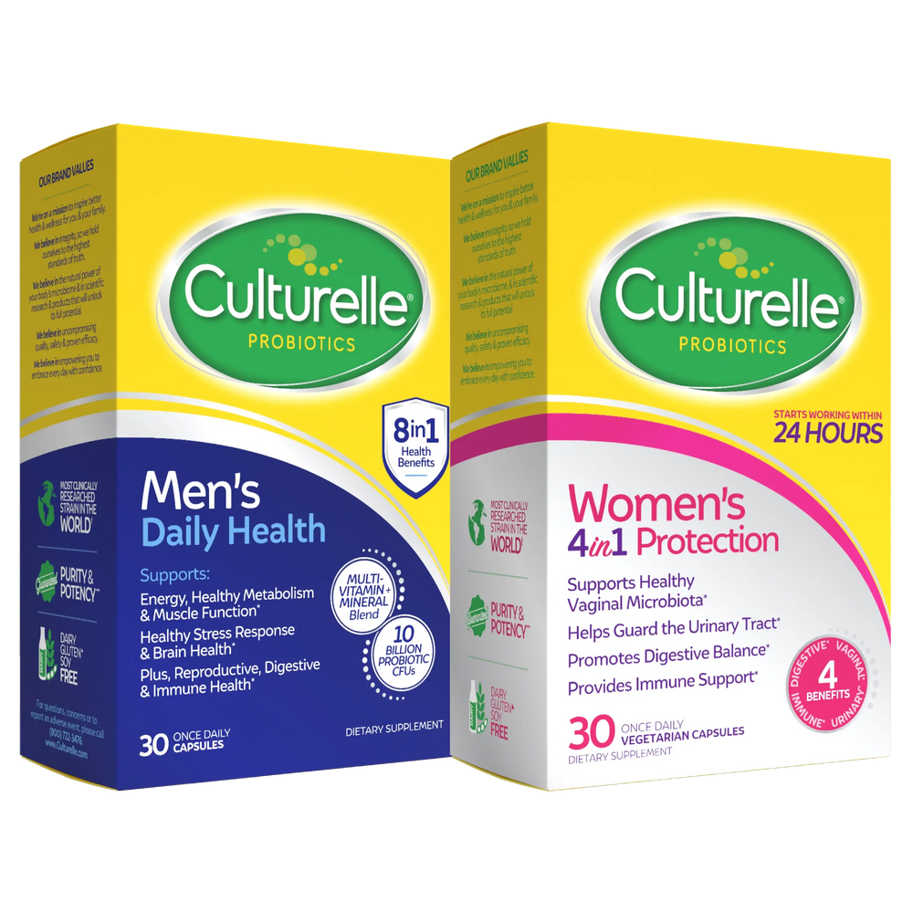 Two boxes of Culturelle Probiotics, one for Men's Daily Health and one for Women's 4-in-1 Protection, on a white background.