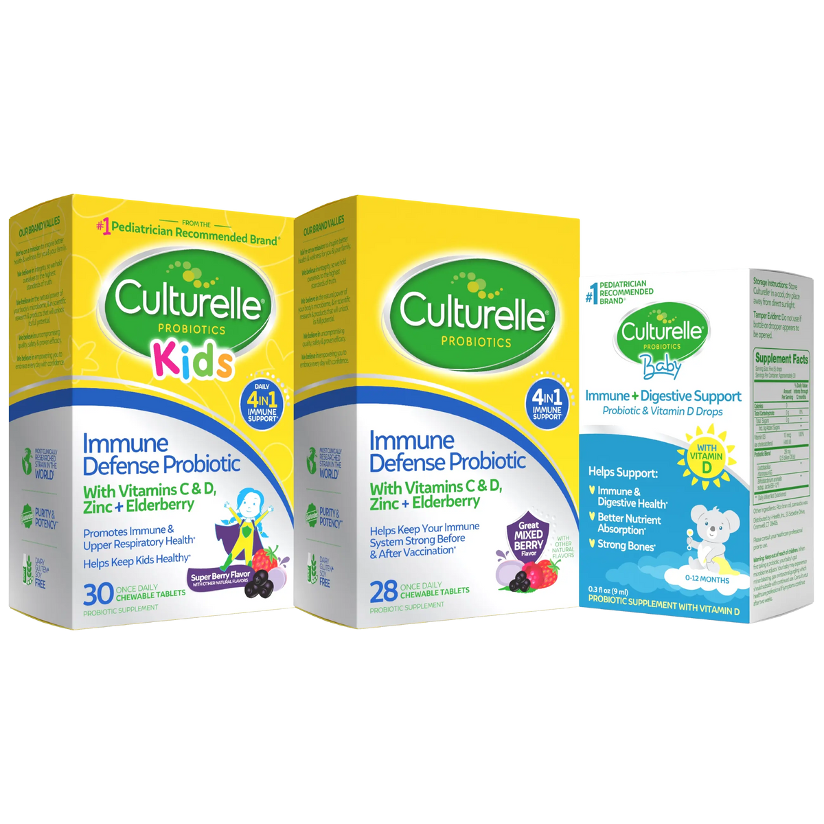 Three boxes of Culturelle Kids immune defense probiotic on a white background