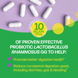 Promotional graphic for probiotic supplement with text and pills on a purple and green background