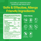 Supplement facts label for Culturelle digestive daily capsules on a green background with allergy-friendly information.