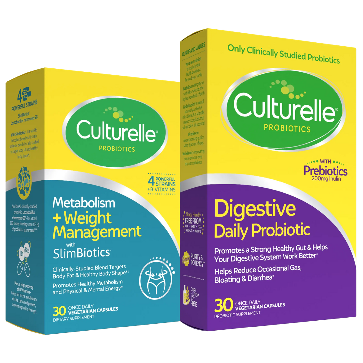 Two Culturelle probiotic packages, one for metabolism and weight management, the other for digestive daily probiotic.