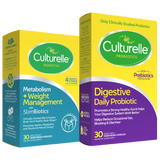 Two Culturelle probiotic packages, one for metabolism and weight management, the other for digestive daily probiotic.