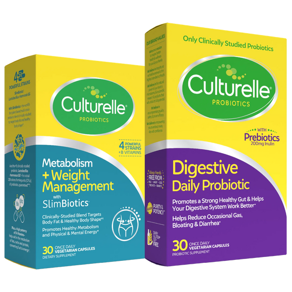 Two Culturelle probiotic packages, one for metabolism and weight management, the other for digestive daily probiotic.