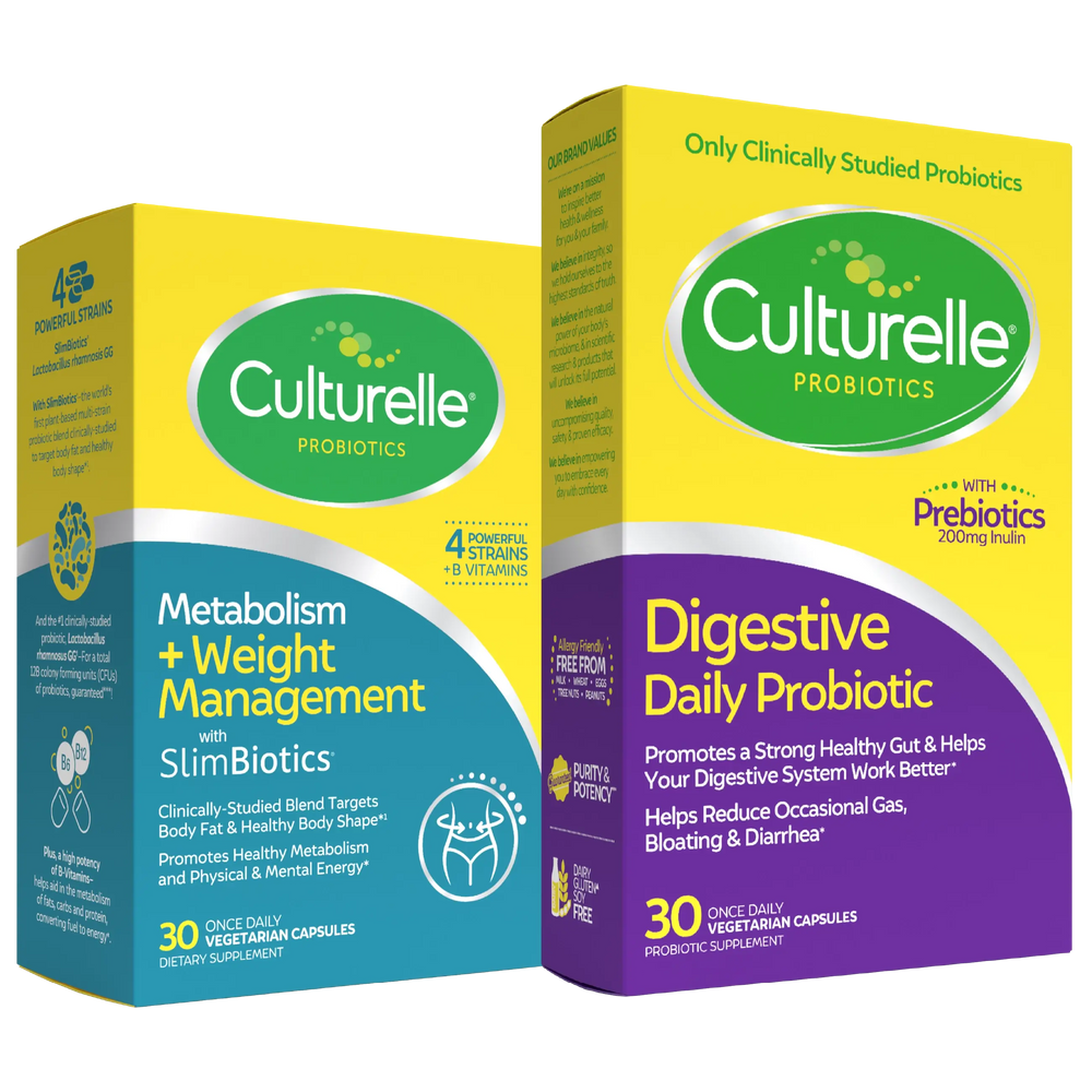Two Culturelle probiotic packages, one for metabolism and weight management, the other for digestive daily probiotic.