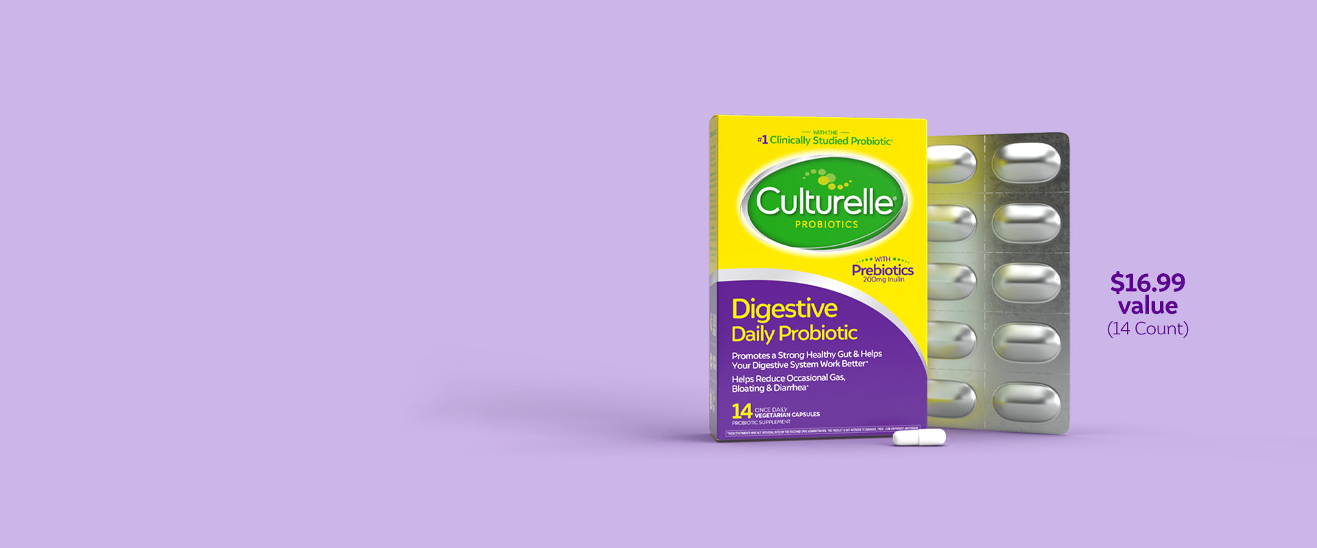 Digestive Daily Probiotic packaging $16.99 value (14 count)
