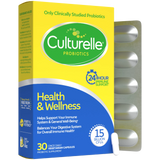 Culturelle probiotics packaging with yellow and blue design on a white background
