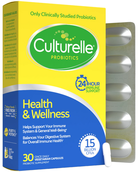 Culturelle probiotics packaging with yellow and blue design on a white background