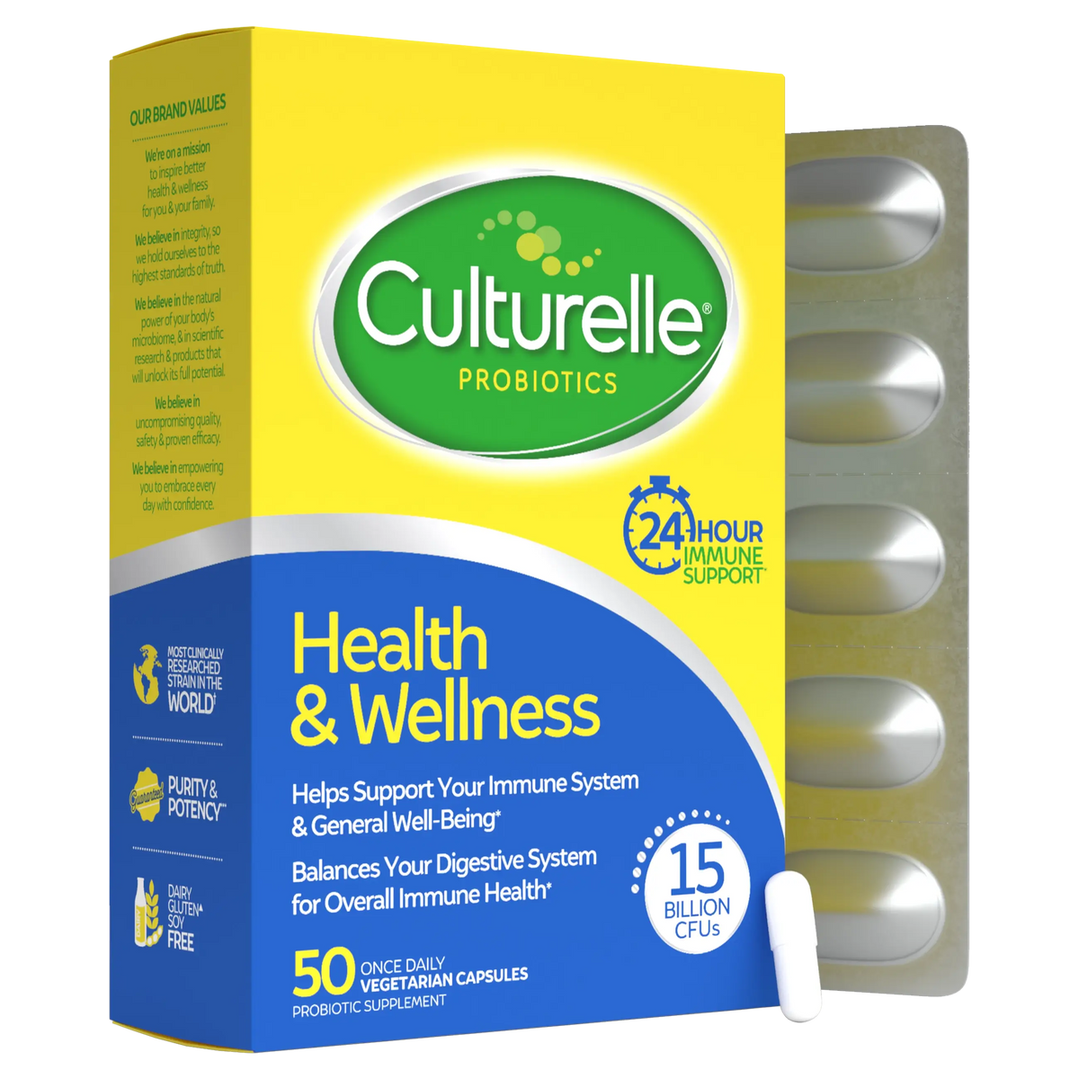 Culturelle probiotics packaging with yellow and blue design