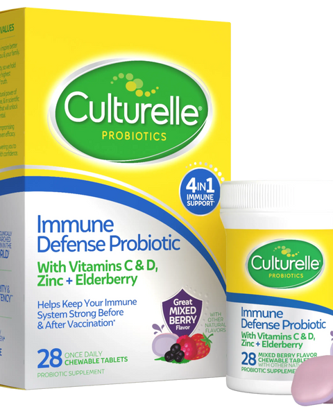 Culturelle immune defense probiotic packaging with a bottle on a white background