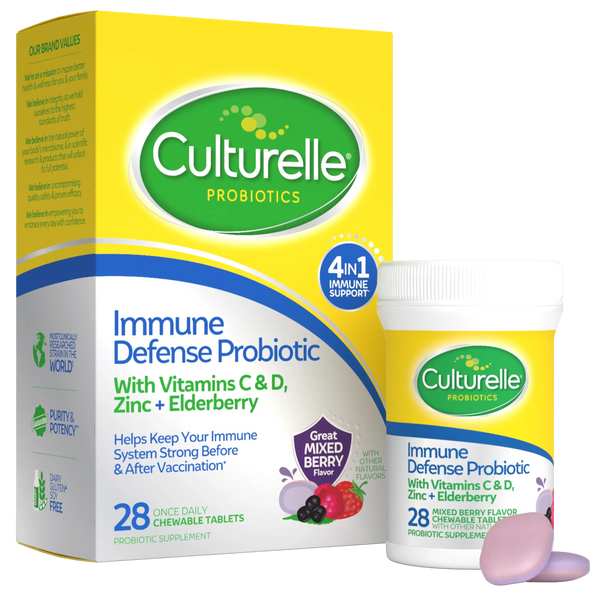 Culturelle immune defense probiotic packaging with a bottle on a white background