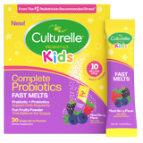 Culturelle Kids probiotics packaging with a small packet on a white background