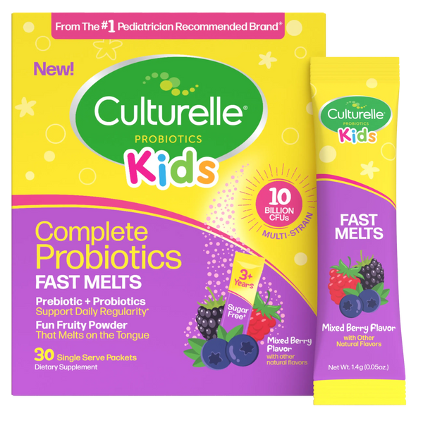 Culturelle Kids probiotics packaging with a small packet on a white background