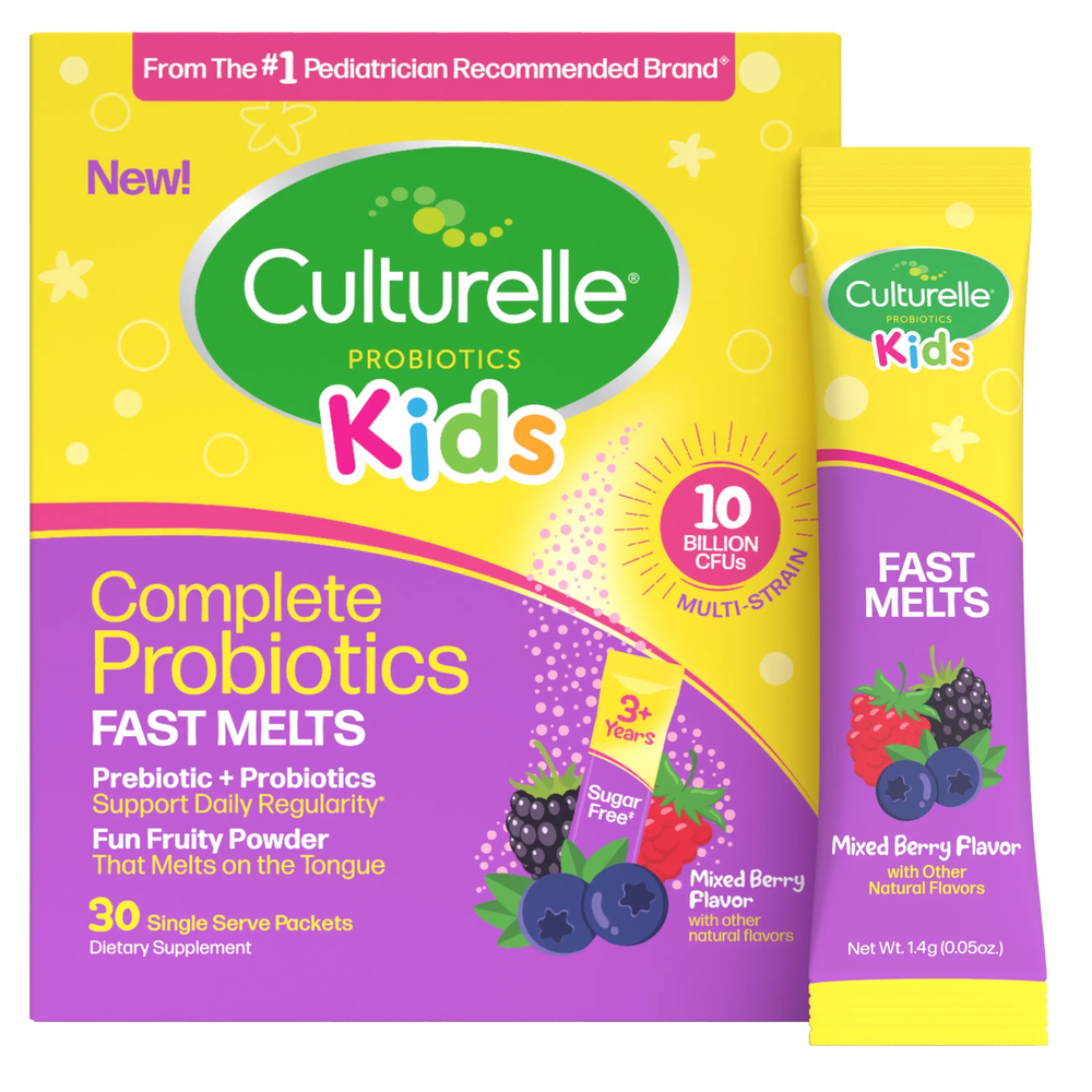 Culturelle Kids probiotics packaging with a small packet on a white background