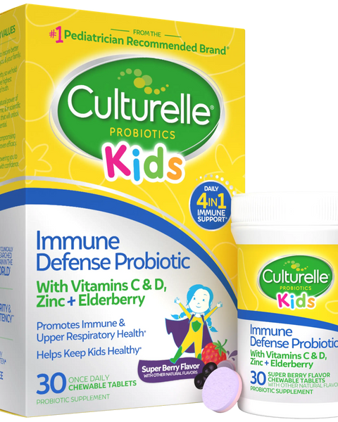 Culturelle Kids immune defense probiotic packaging with chewable tablets on a white background