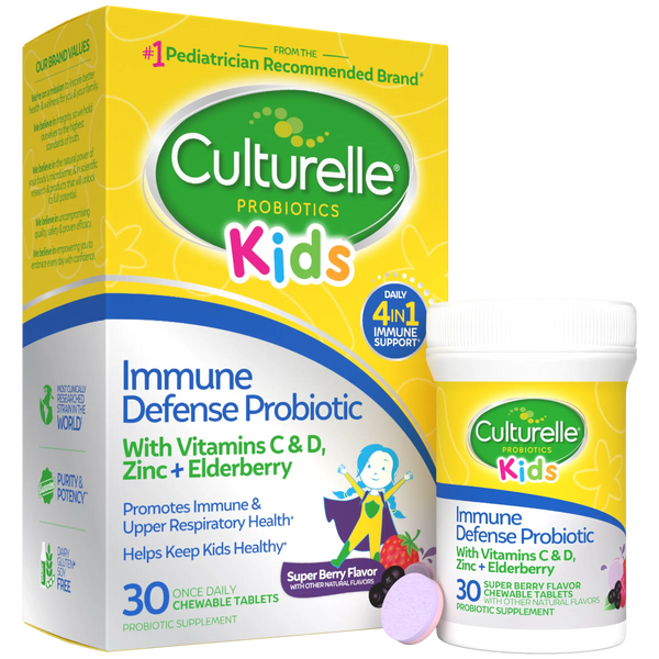 Culturelle Kids immune defense probiotic packaging with chewable tablets on a white background