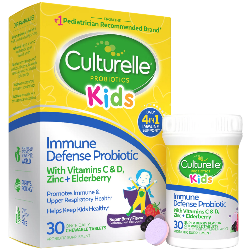 Culturelle Kids immune defense probiotic packaging with chewable tablets on a white background