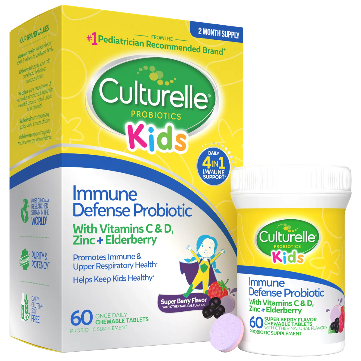Culturelle Kids Immune Defense Probiotic packaging and bottle on a white background