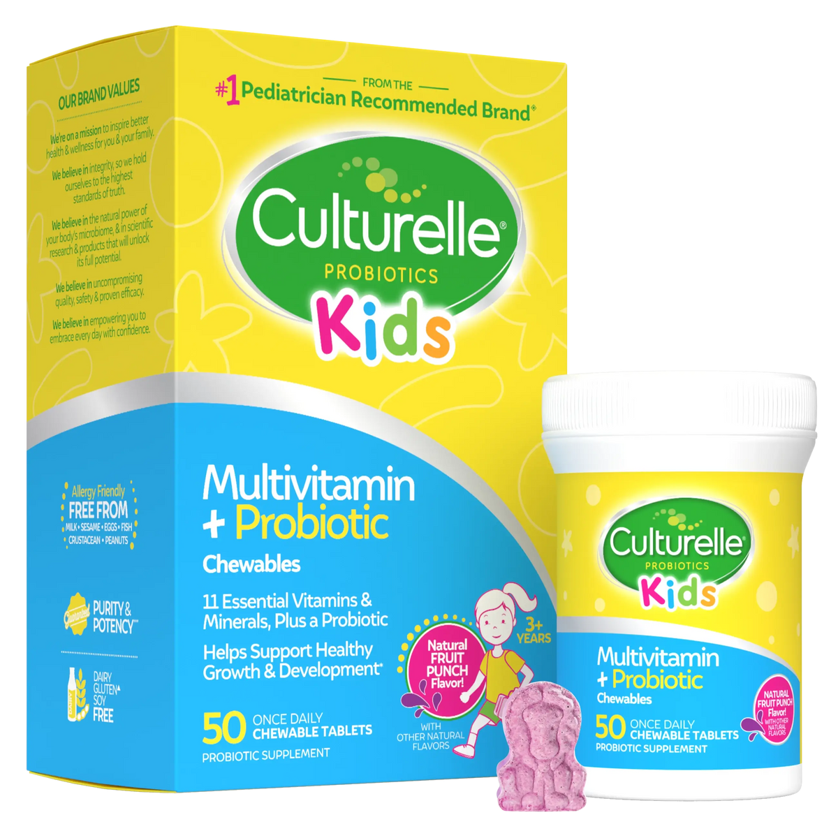 Culturelle Kids Multivitamin + Probiotic packaging with a pink chewable tablet on a white background