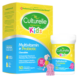 Culturelle Kids Multivitamin + Probiotic packaging with a pink chewable tablet on a white background