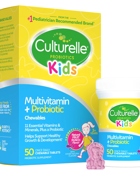 Culturelle Kids Multivitamin + Probiotic packaging with a pink chewable tablet on a white background