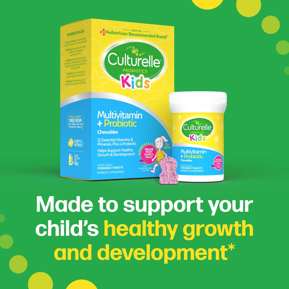 Culturelle Kids Multivitamin + Probiotic packaging on a green background