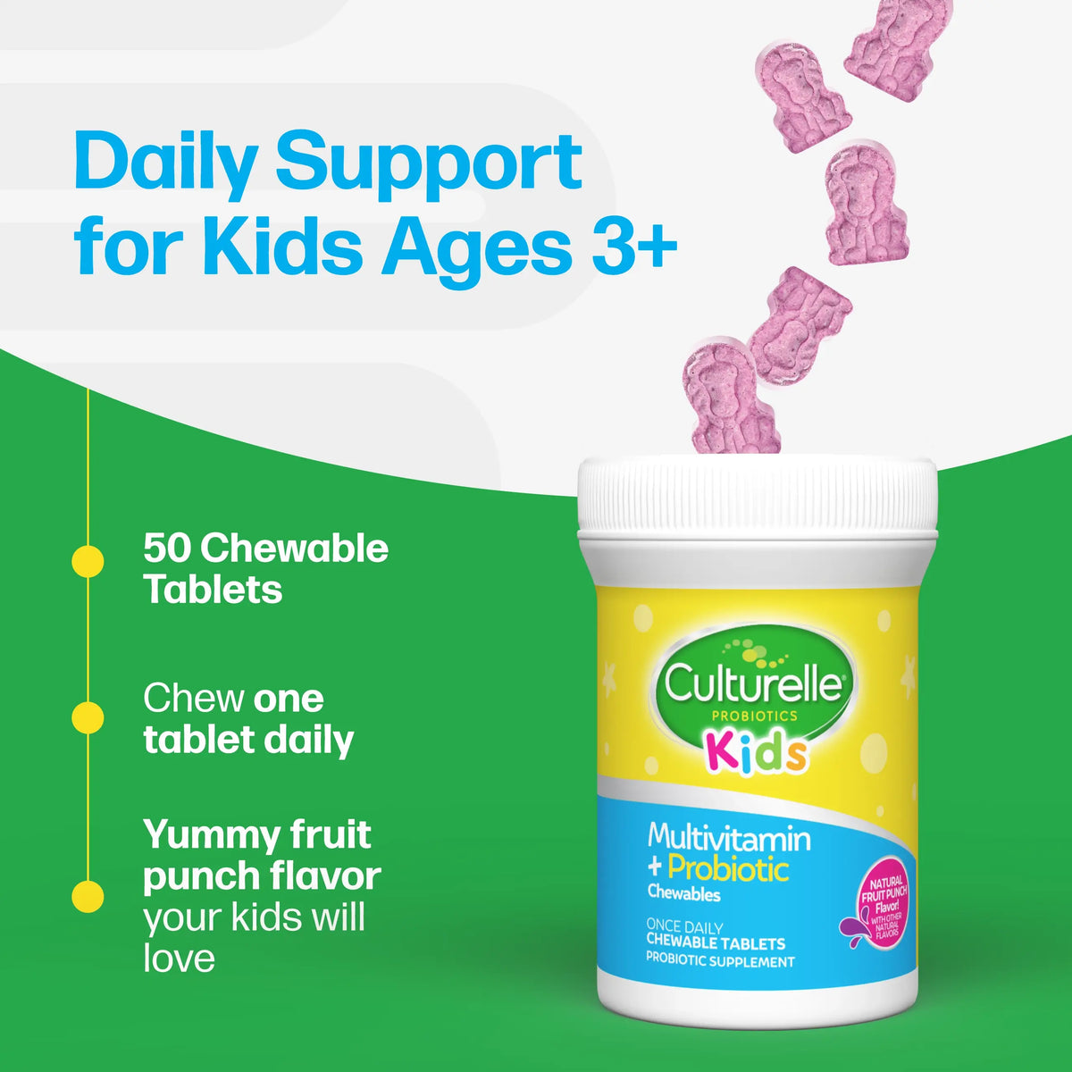 Culturelle Kids multivitamin and probiotic chewable tablets with pink gummy bears on a green and white background.