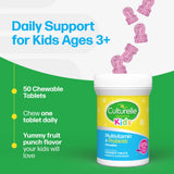 Culturelle Kids multivitamin and probiotic chewable tablets with pink gummy bears on a green and white background.