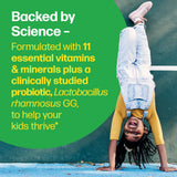 Child doing a handstand with a green supplement advertisement overlay.