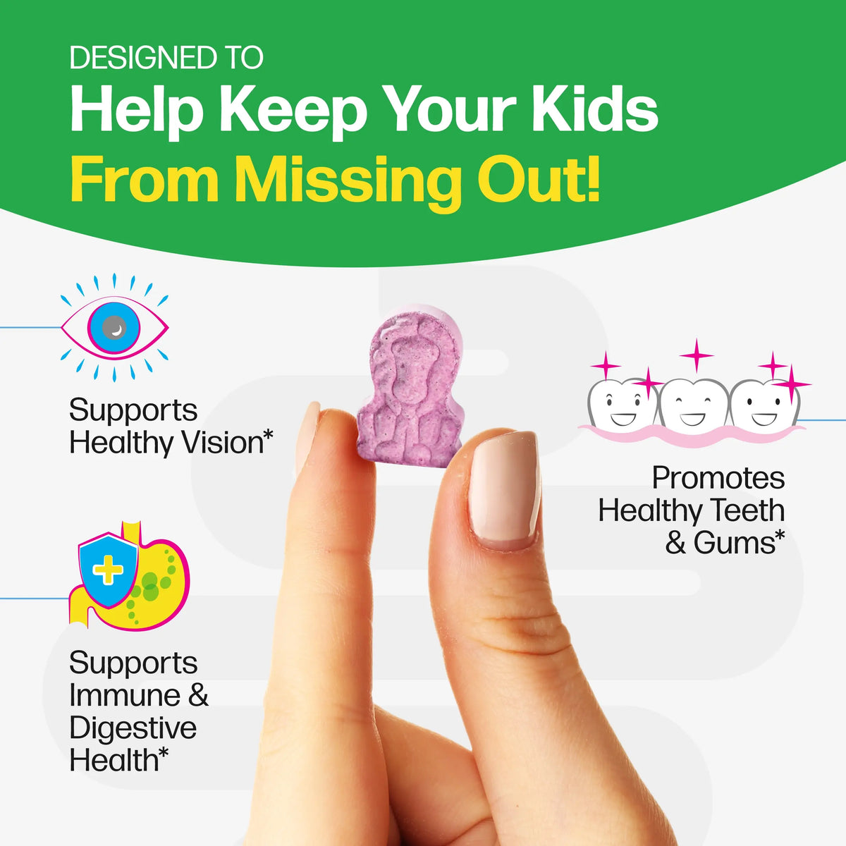Product on a finger with health benefits text on a green and white background