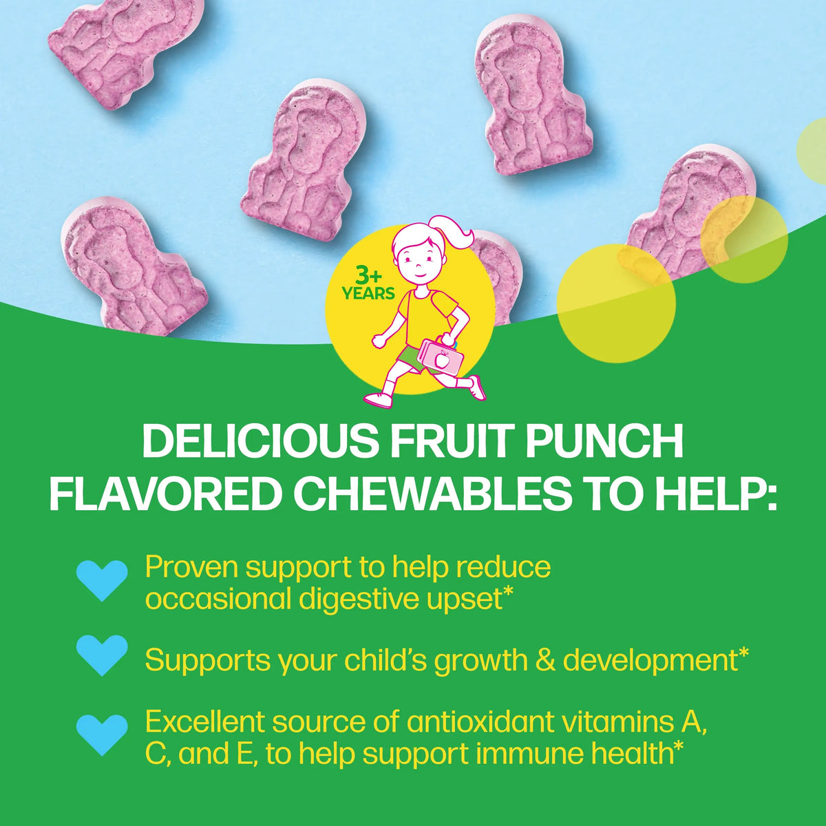 Pink chewable vitamins on a blue and green background with text about their benefits.
