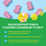 Pink chewable vitamins on a blue and green background with text about their benefits.