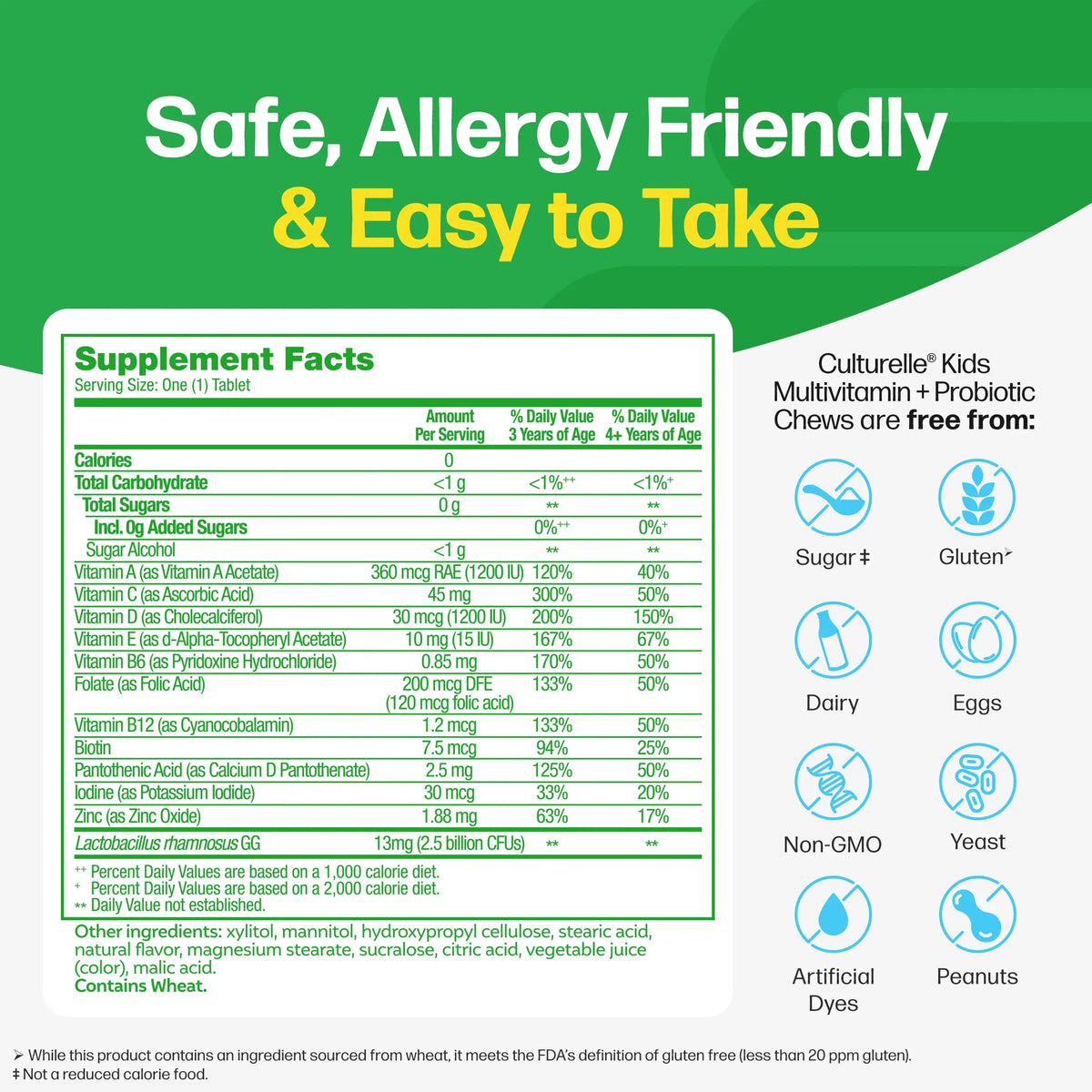 Supplement facts label for Culturelle Kids Multivitamin + Probiotic Chews on a green background
