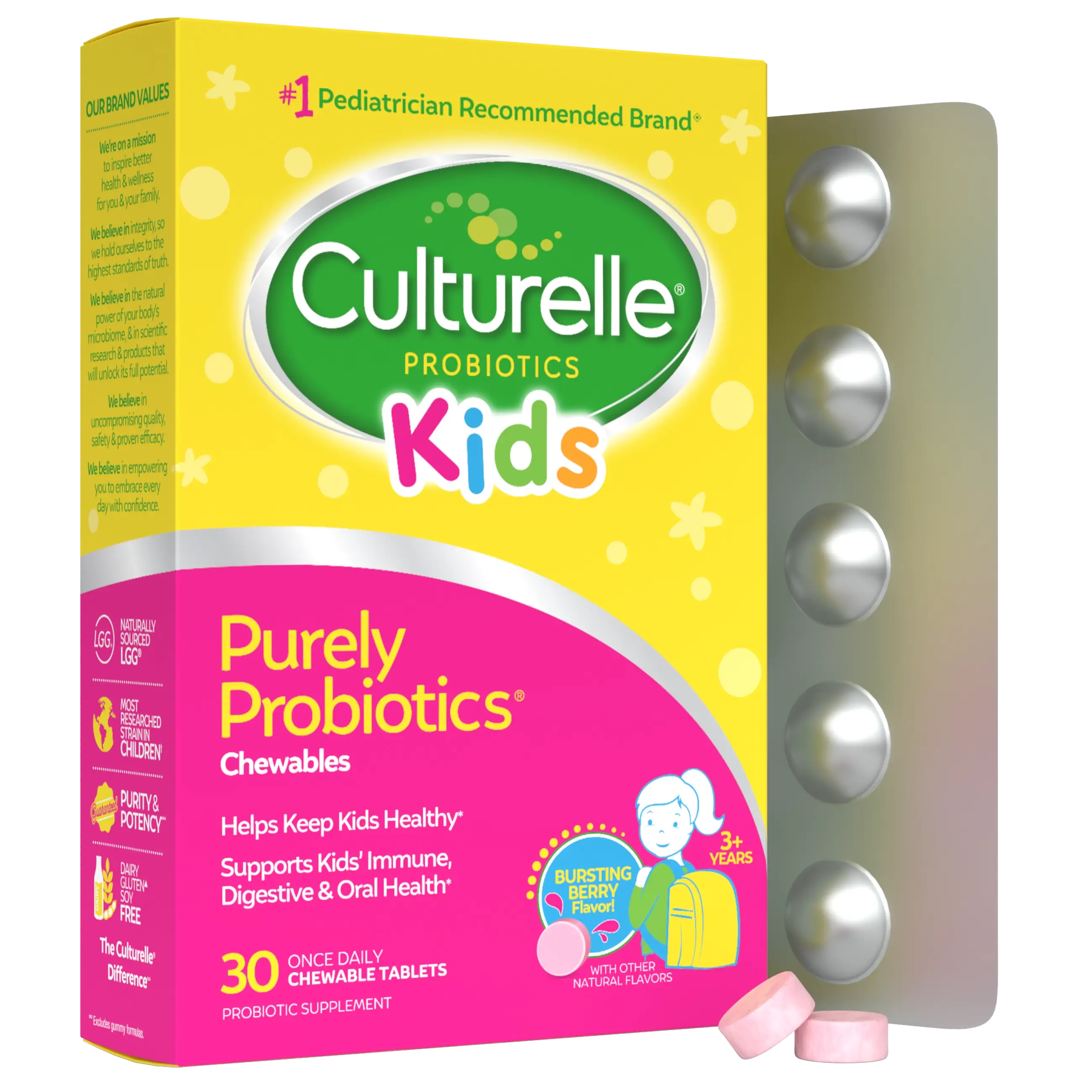 Culturelle Kids Probiotics packaging with chewable tablets on a white background