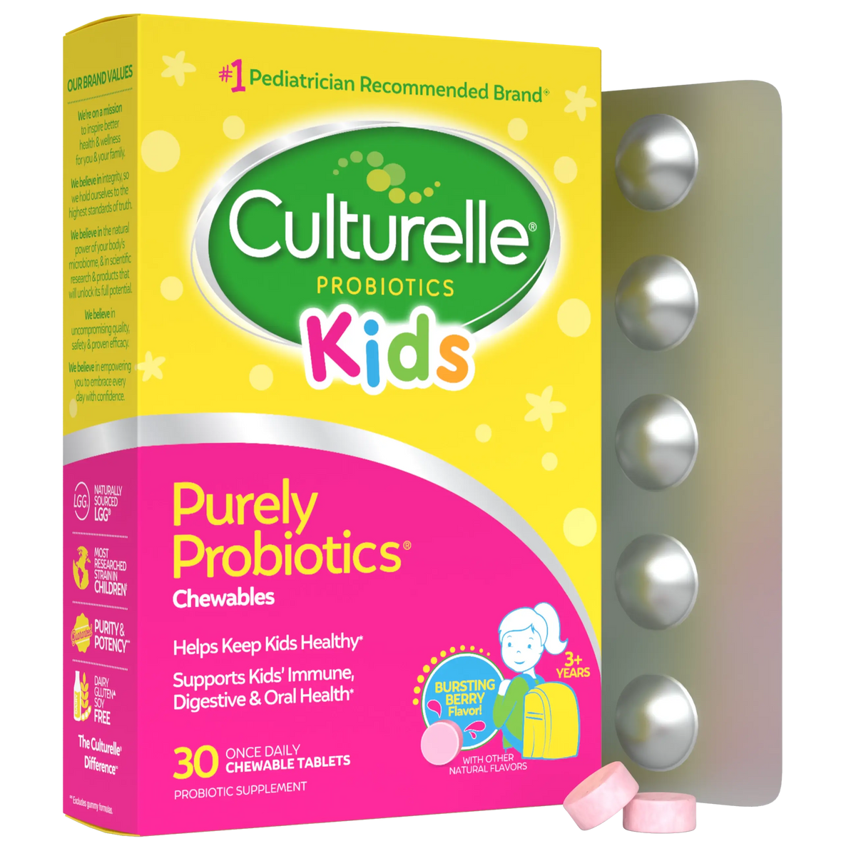Culturelle Kids Probiotics packaging with chewable tablets on a white background