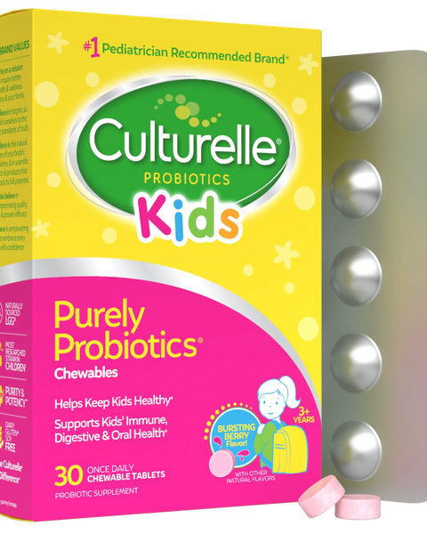 Culturelle Kids Probiotics packaging with chewable tablets on a white background