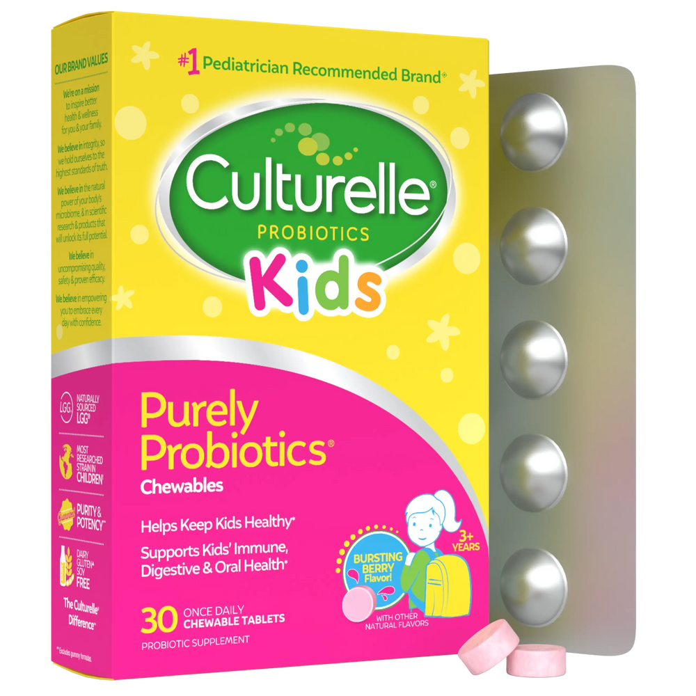 Culturelle Kids Probiotics packaging with chewable tablets on a white background