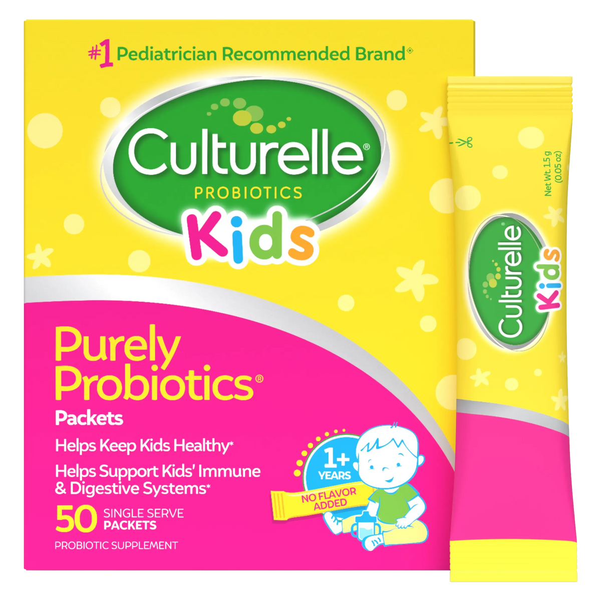 Culturelle Kids probiotics packaging with yellow and pink design