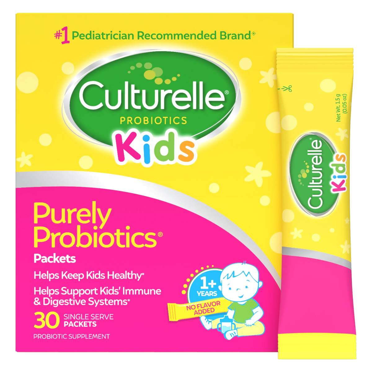 Culturelle Kids probiotics packaging with yellow and pink design