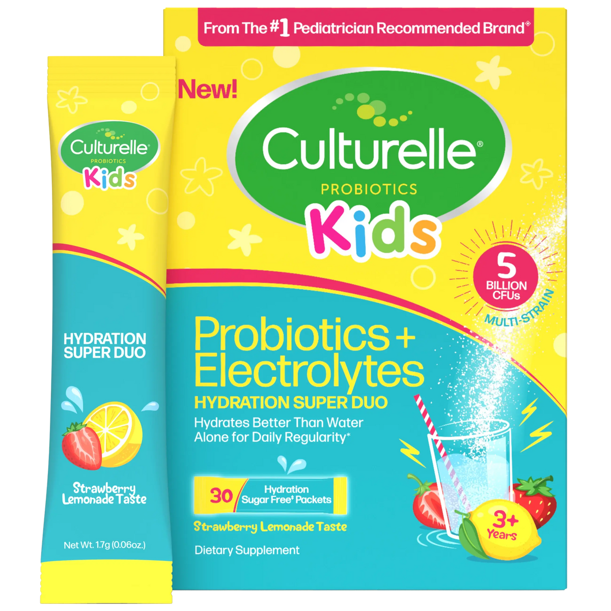 Two packages of Culturelle Kids Probiotics and Electrolytes on a white background
